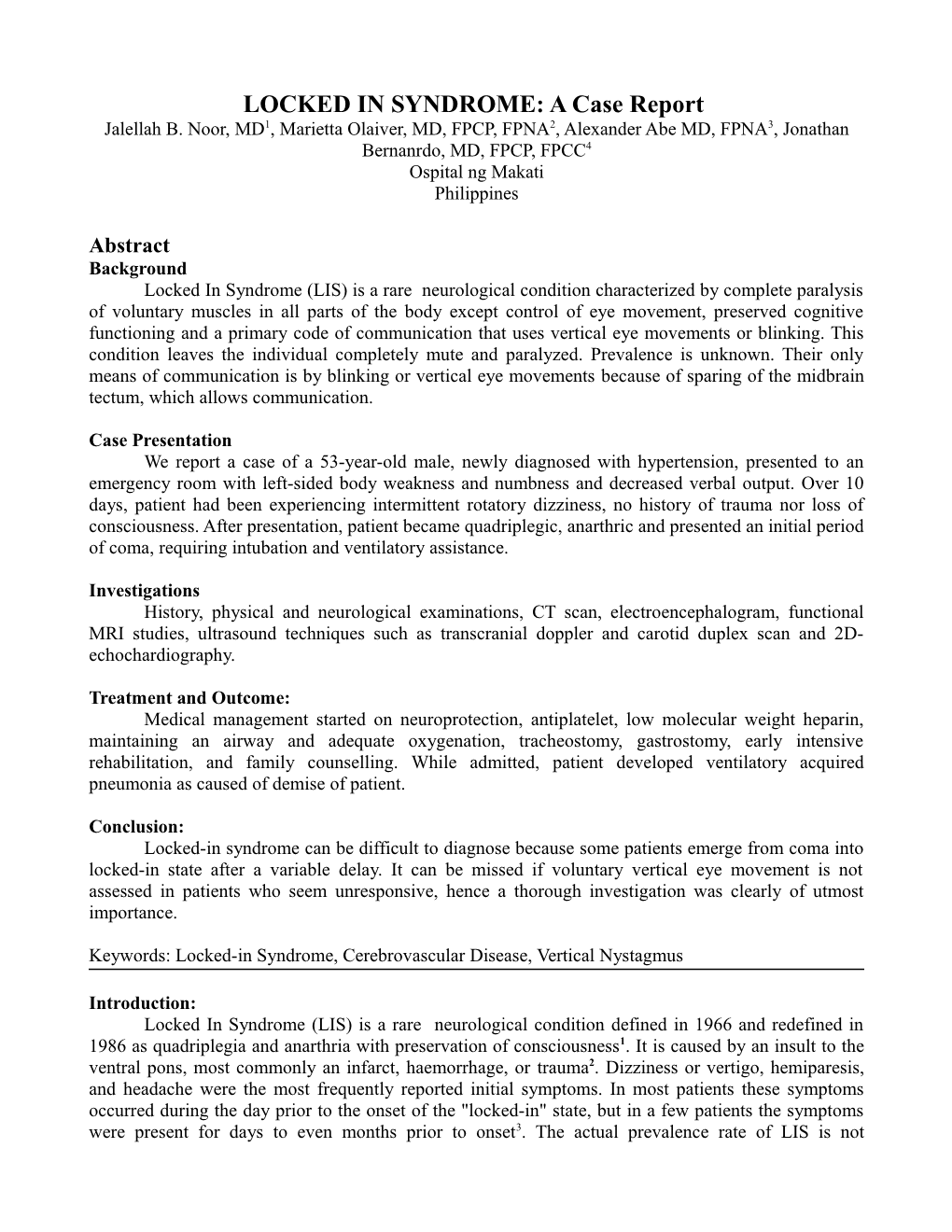 LOCKED in SYNDROME: a Case Report