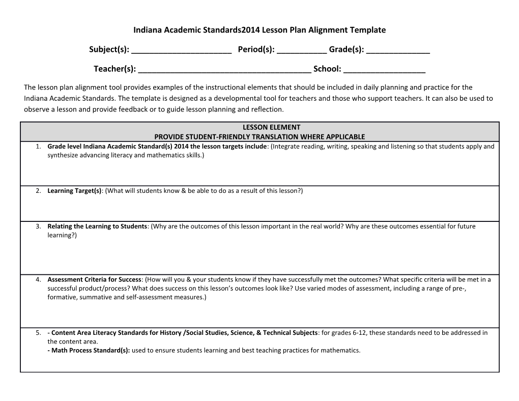 Indiana Academic Standards2014 Lesson Planalignment Template