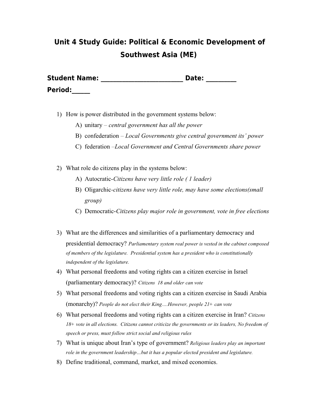 Unit 4 Study Guide: Political & Economic Development of Southwest Asia (ME)