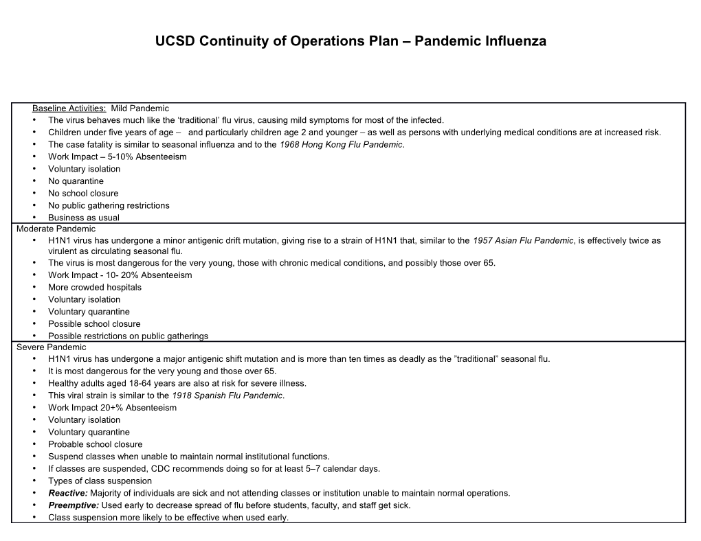 UCSD Continuity of Operations Plan Pandemic Flu