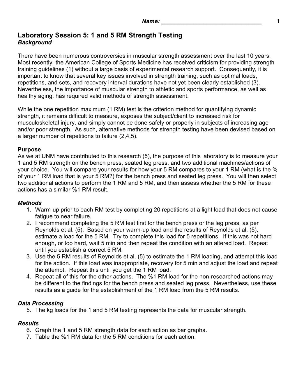 Laboratory Session 5: 1 and 5 RM Strength Testing