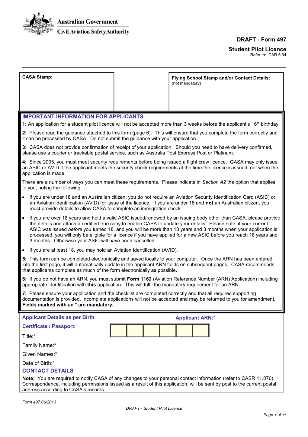 Form 497 - Student Pilot Licence