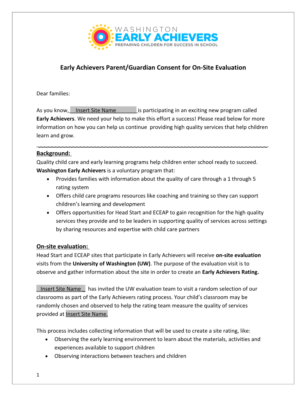 Early Achievers Parent/Guardian Consent for On-Site Evaluation