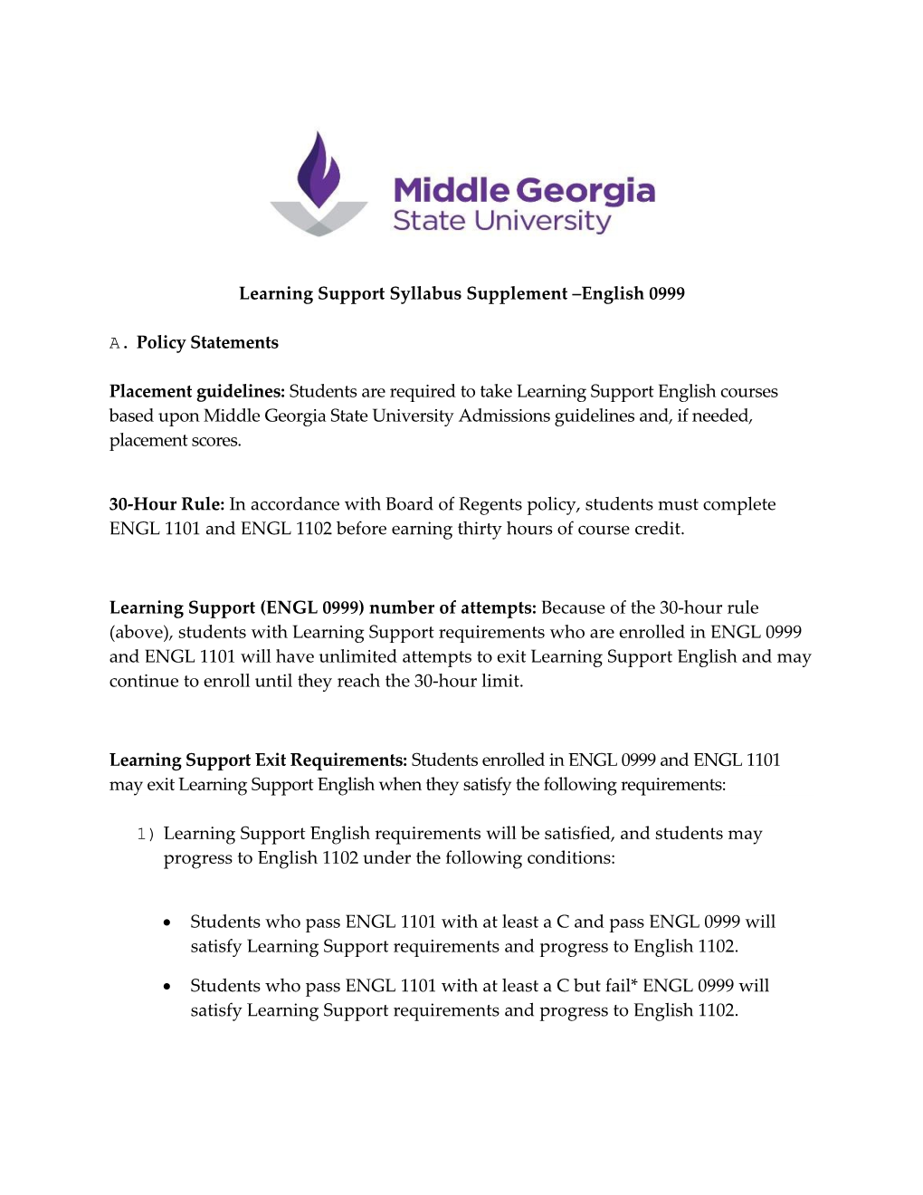 Learning Support Syllabus Supplement English 0999