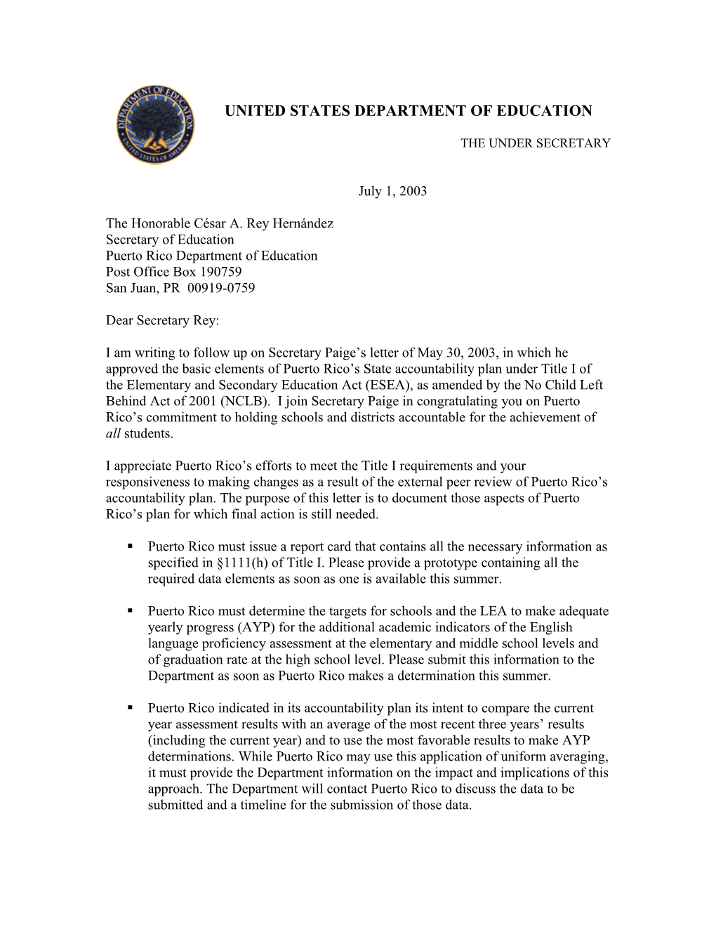 Puerto Rico State Accountability Plan Decision Letter (MS WORD)