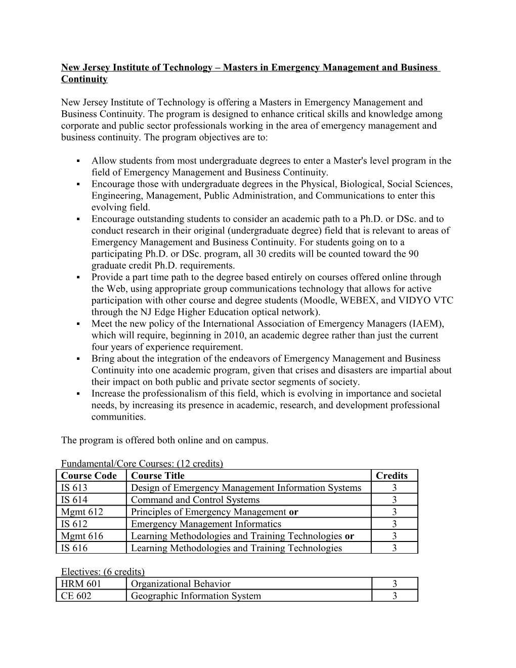 New Jersey Institute of Technology Masters in Interdisciplinary Studies with Emergency