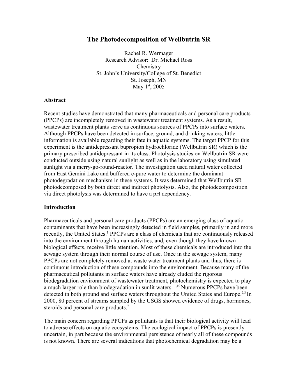 The Photodecomposition of Wellbutrin SR