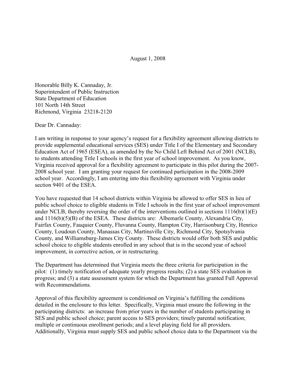 Letter to Virginia's Superintendent Approving Its Request for a Flexibility Agreement Allowing