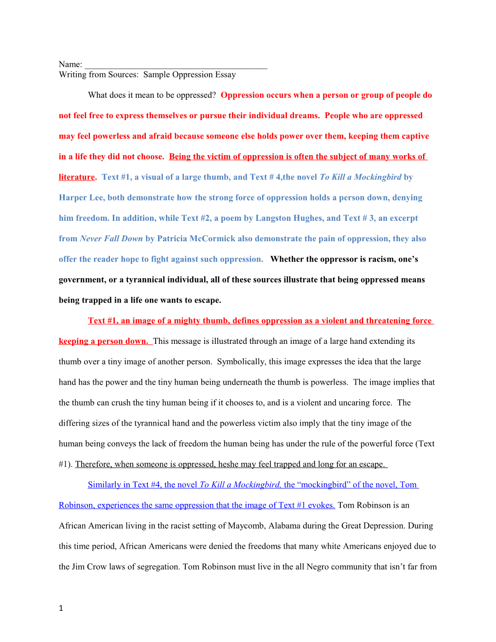 Writing from Sources: Sample Oppression Essay