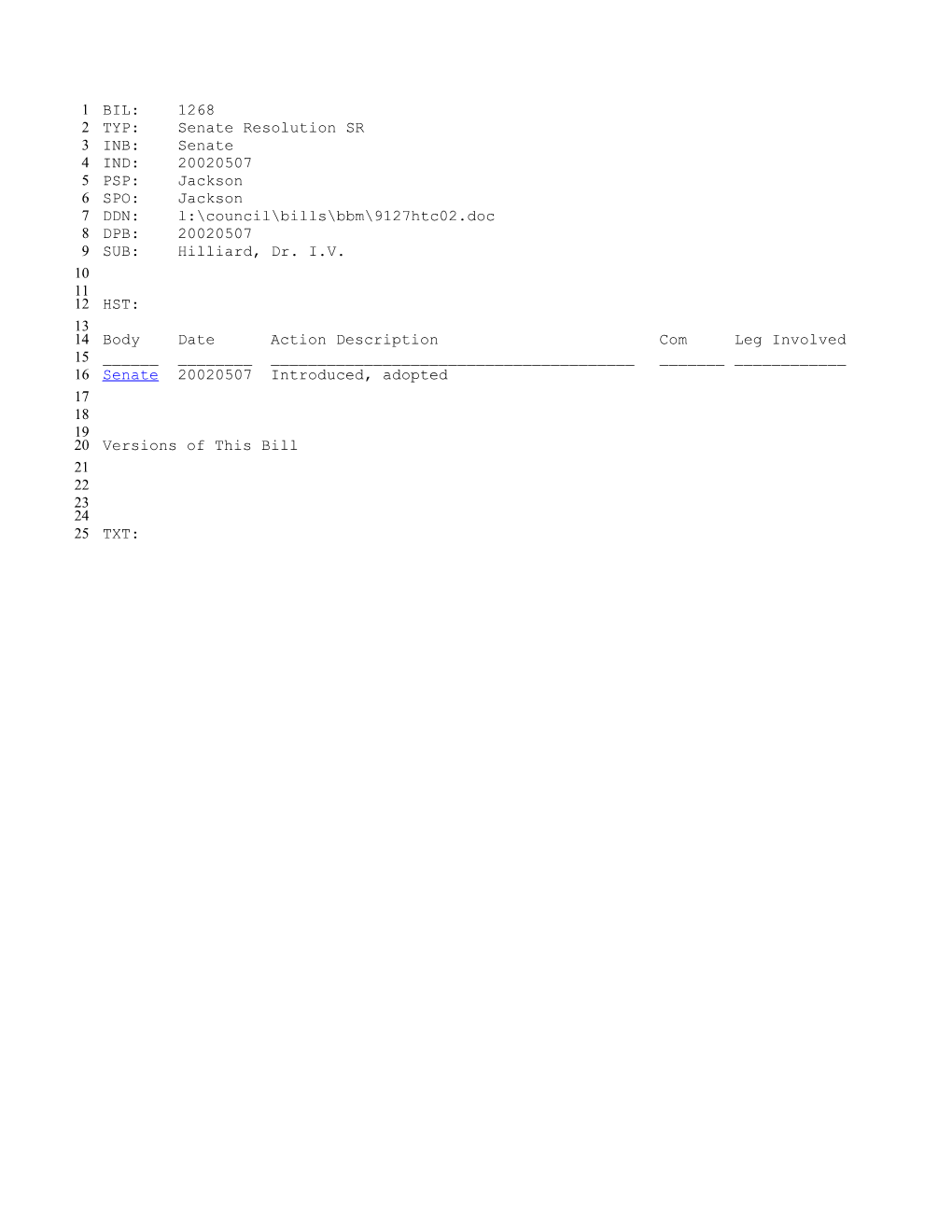 2001-2002 Bill 1268: Hilliard, Dr. I.V. - South Carolina Legislature Online