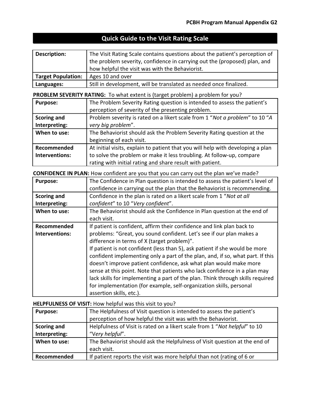 Quick Guide to the Visit Rating Scale