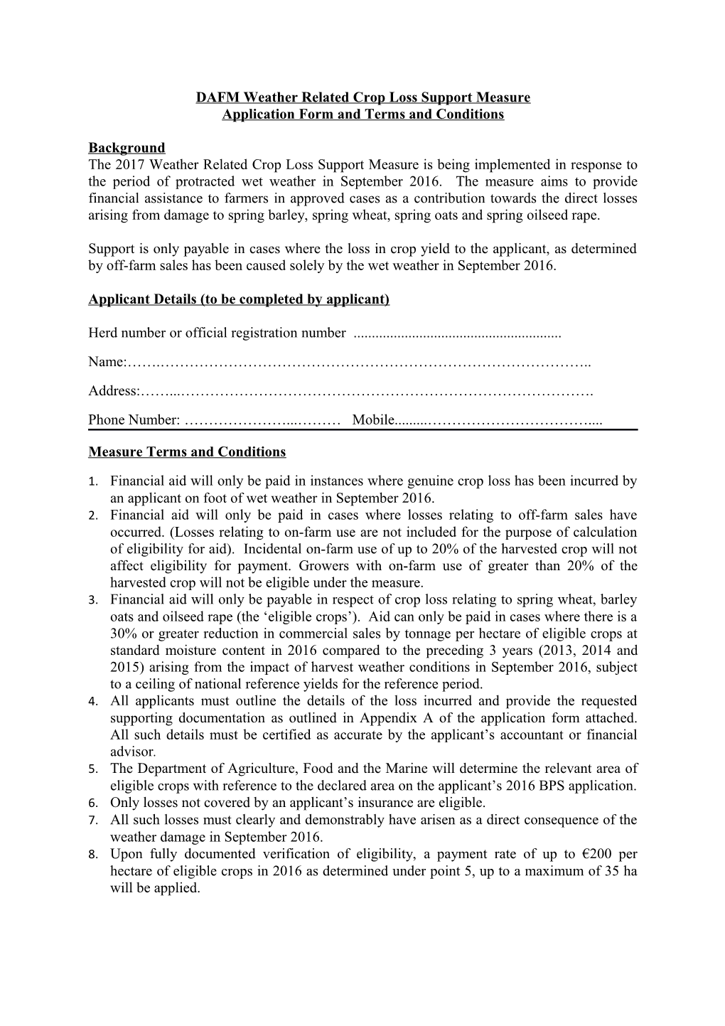 DAFM Weatherrelated Crop Loss Support Measure