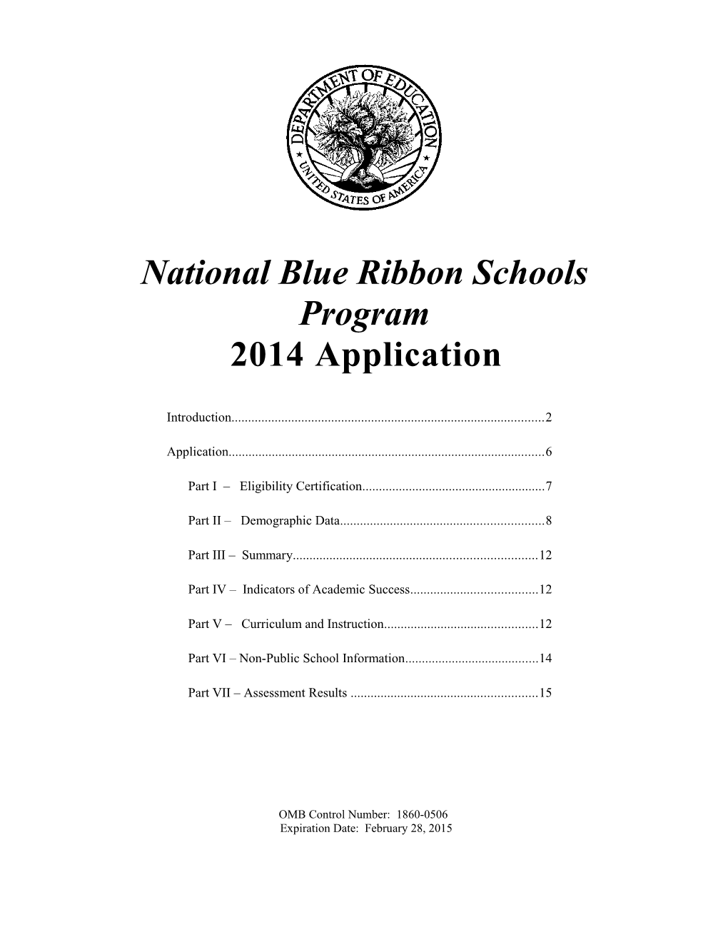 National Blue Ribbon Schools Program 2014 Application February 2014 (MS Word)