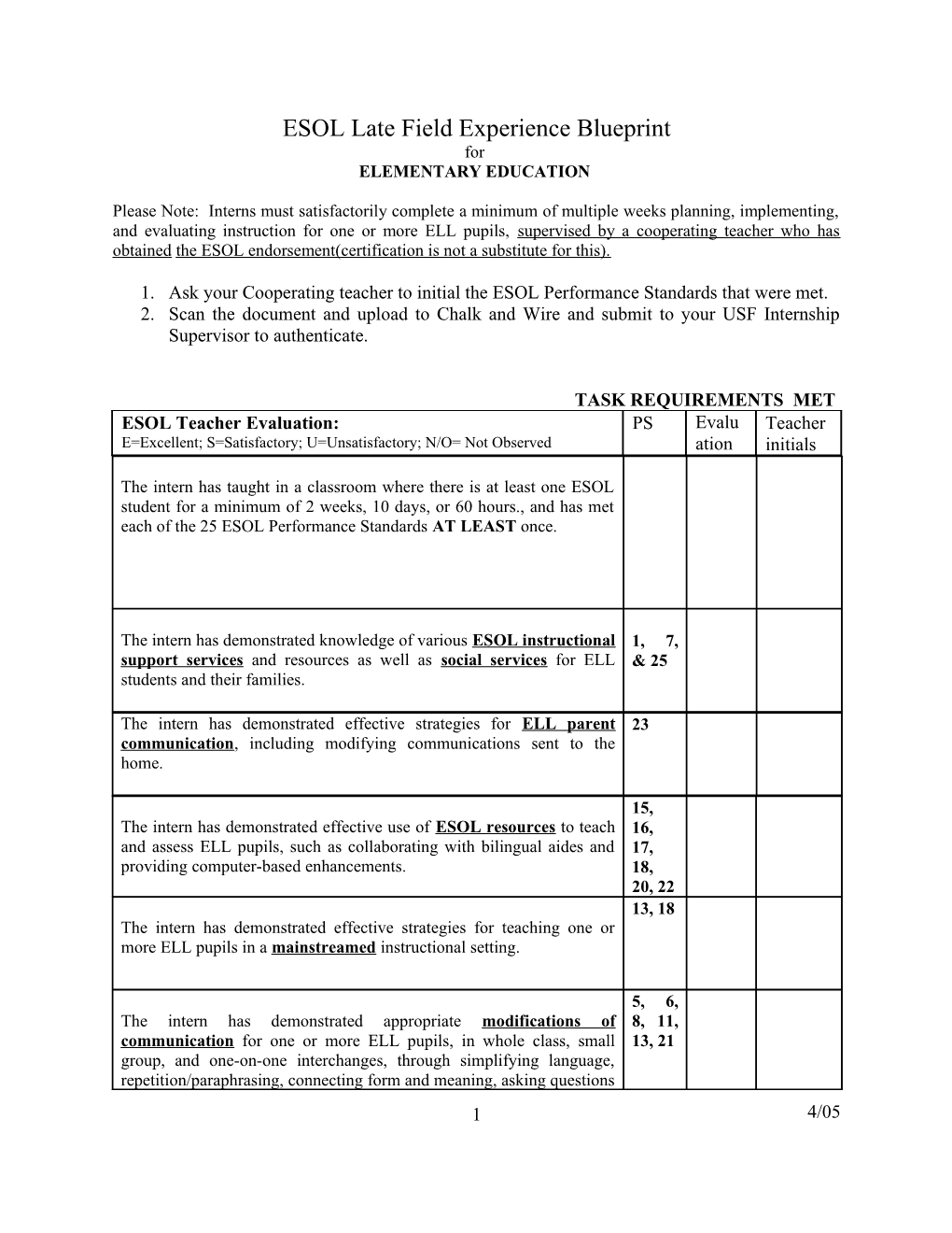 ESOL Late Field Experience Evaluation Form