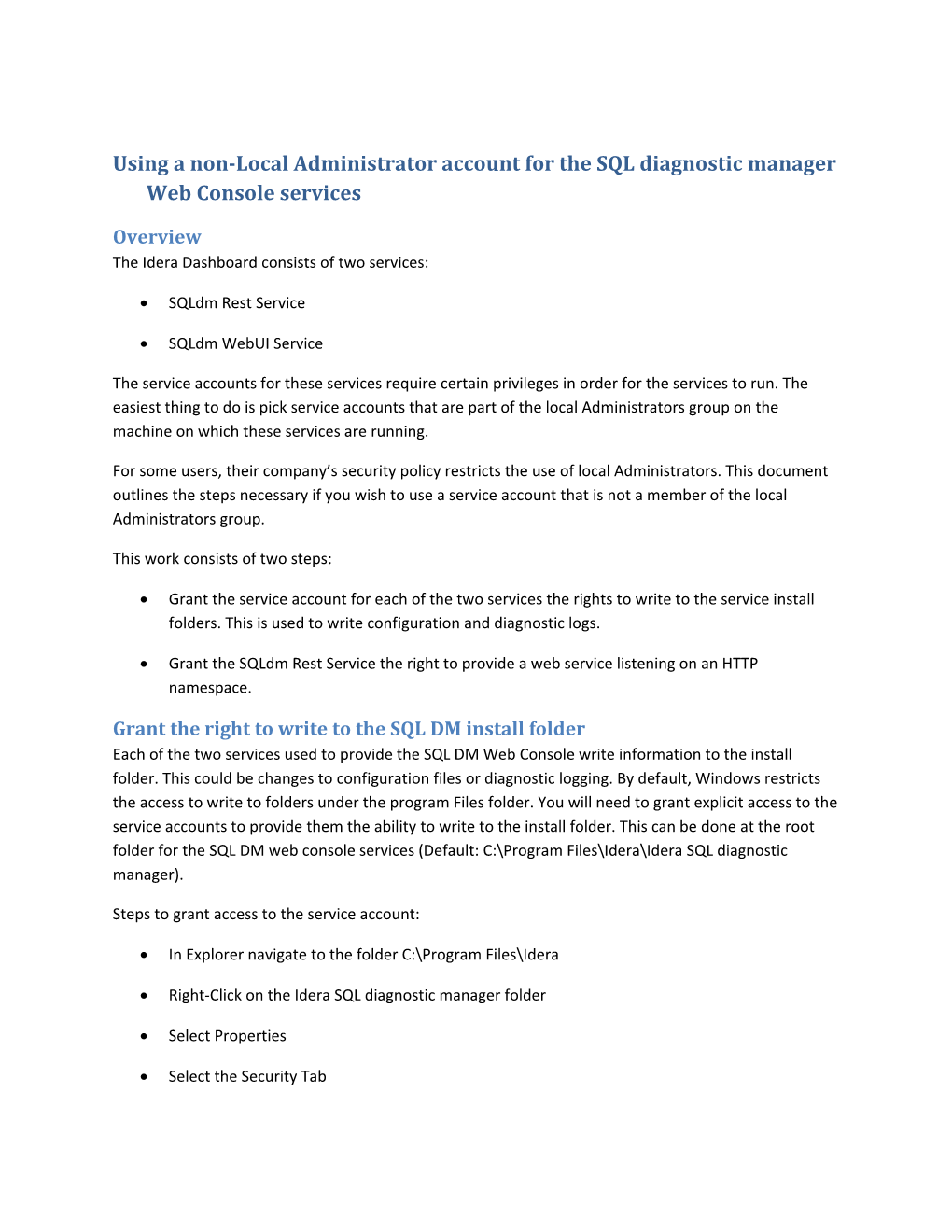 Using a Non-Local Administrator Account for the SQL Diagnostic Manager Web Console Services