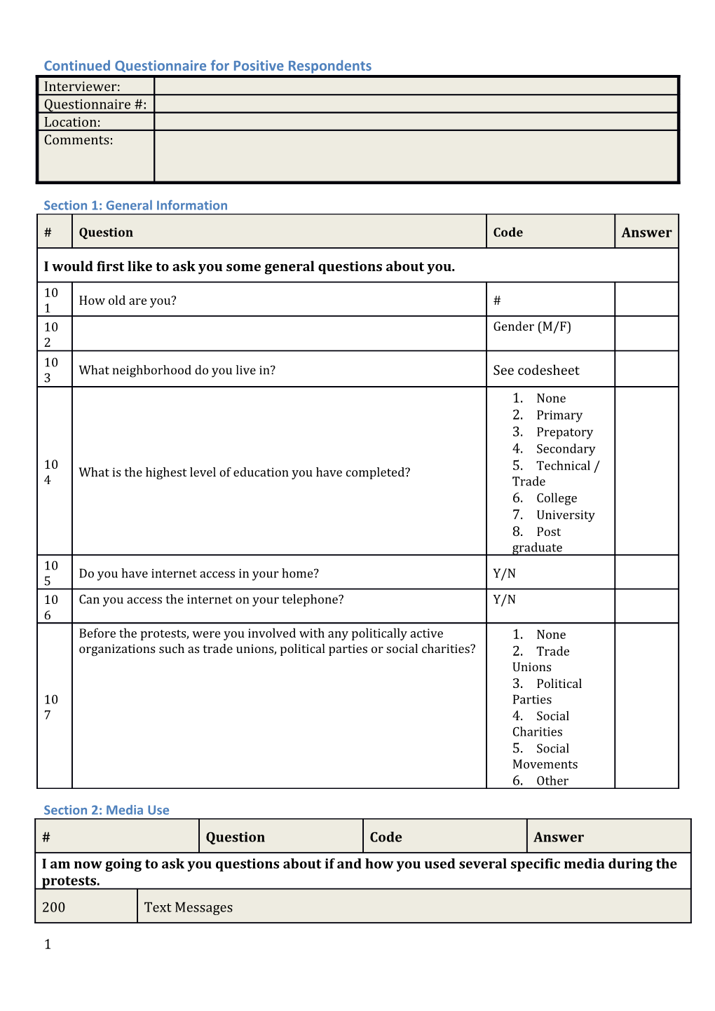 Questionnaire on Media Use