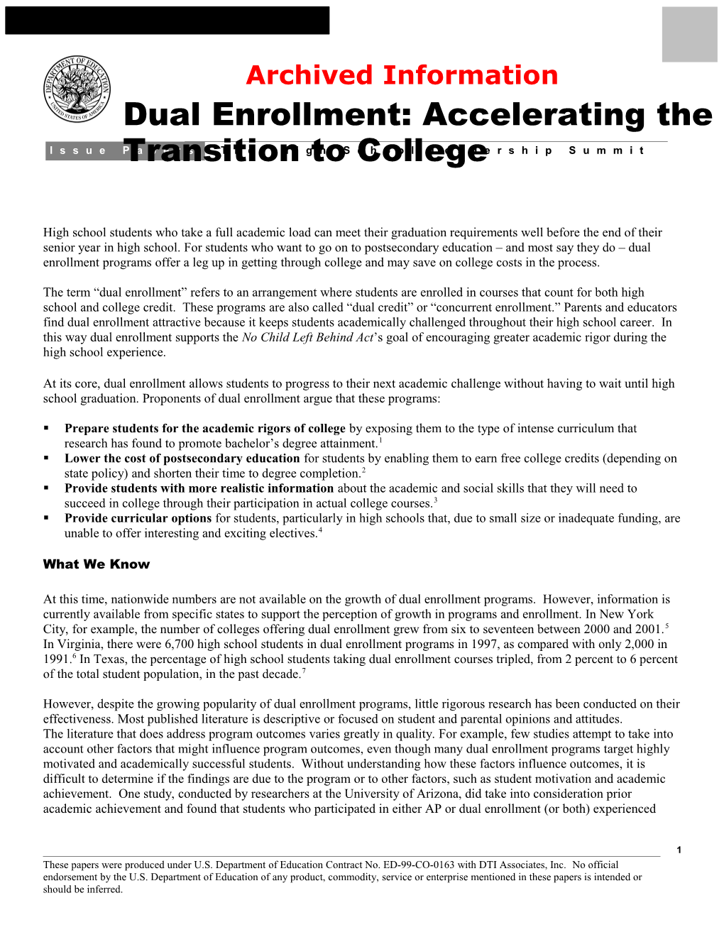 Archived: High School Leadership Summit Issue Papers: Dual Enrollment: Accelerating The