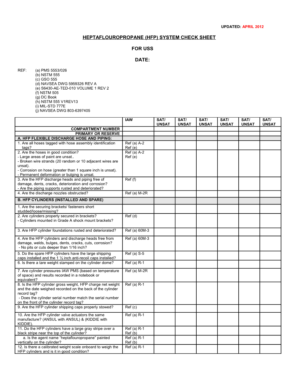 Heptaflouropropane (Hfp) System Check Sheet (Cont D)
