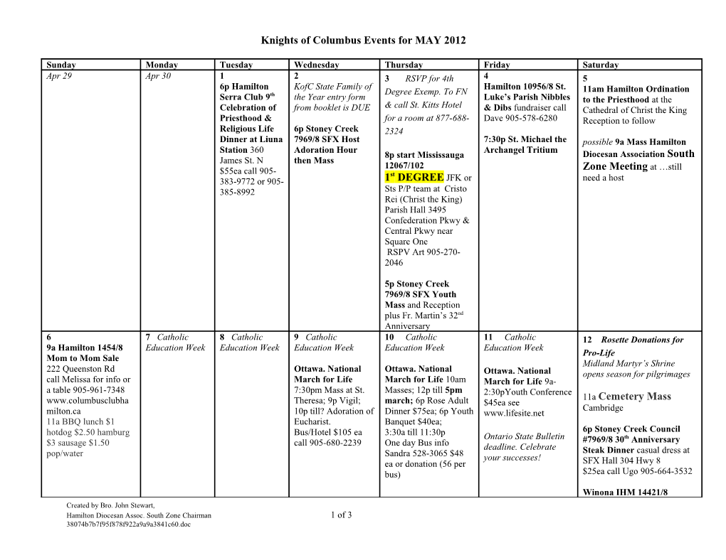 Knights of Columbus Events for MAY 2012