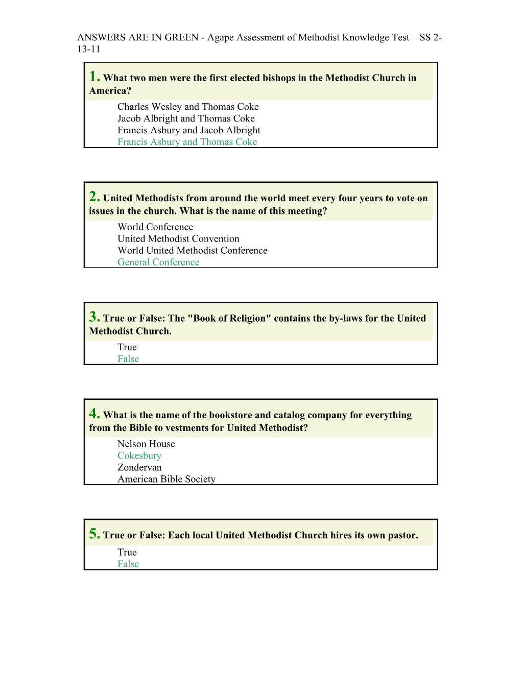 ANSWERS ARE in GREEN - Agape Assessment of Methodist Knowledge Test SS 2-13-11