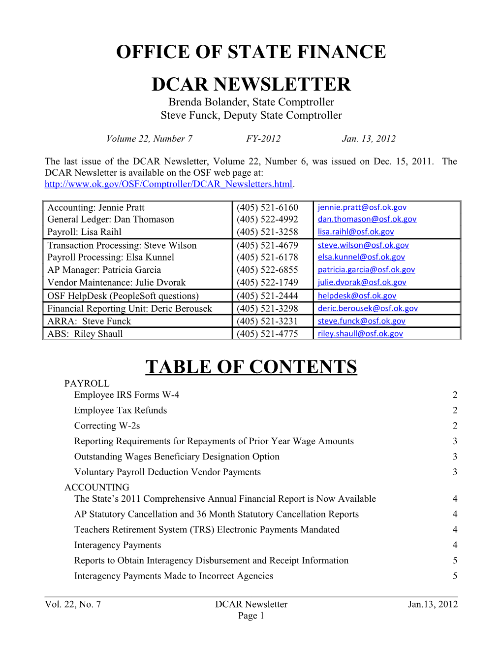 Office of State Finance DCAR Newsletter, Dec. 15, 2011