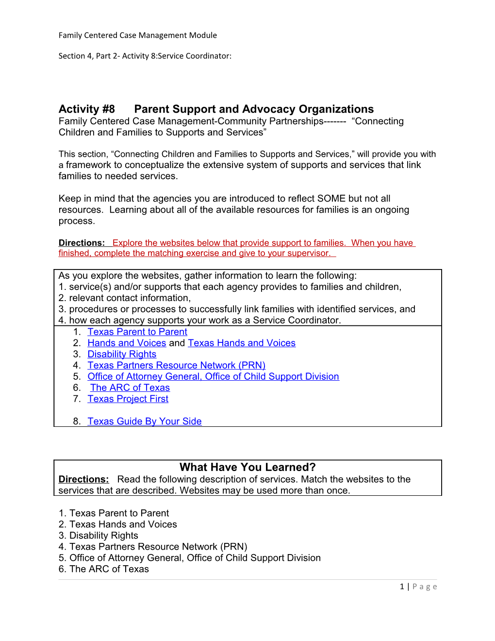 Activity #8 Parent Support and Advocacy Organizations