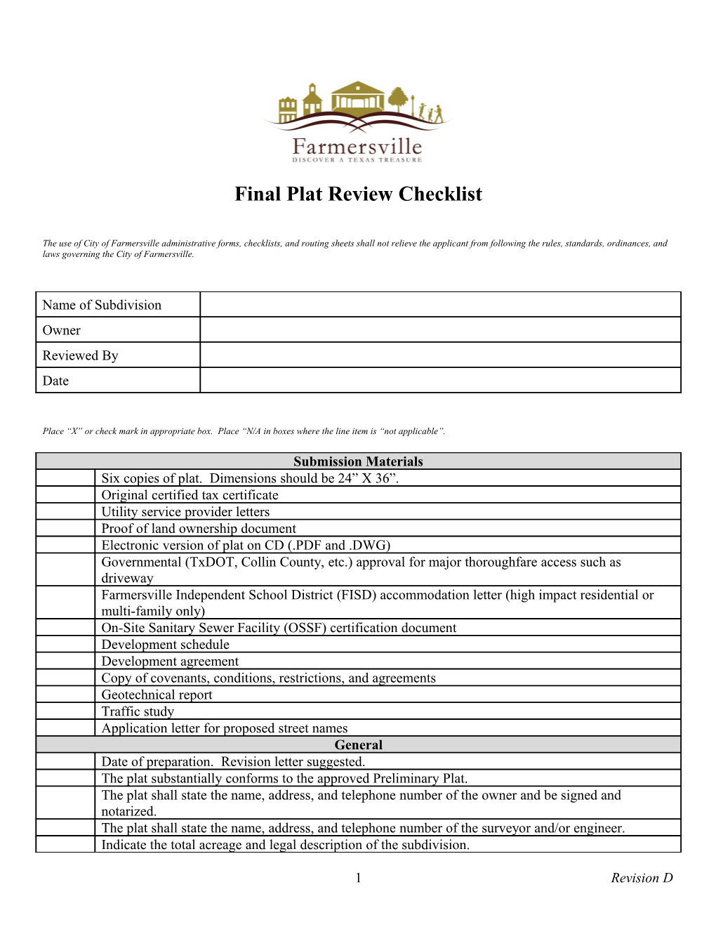 Final Plat Review Checklist for the City of Lorena