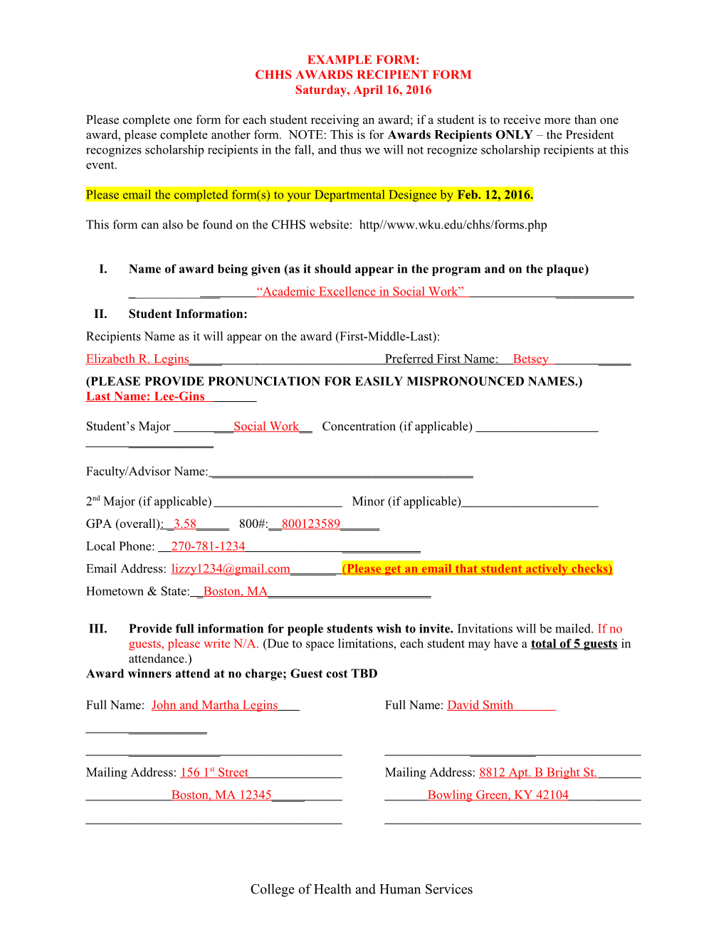 Chhs Awards Recipeint Form