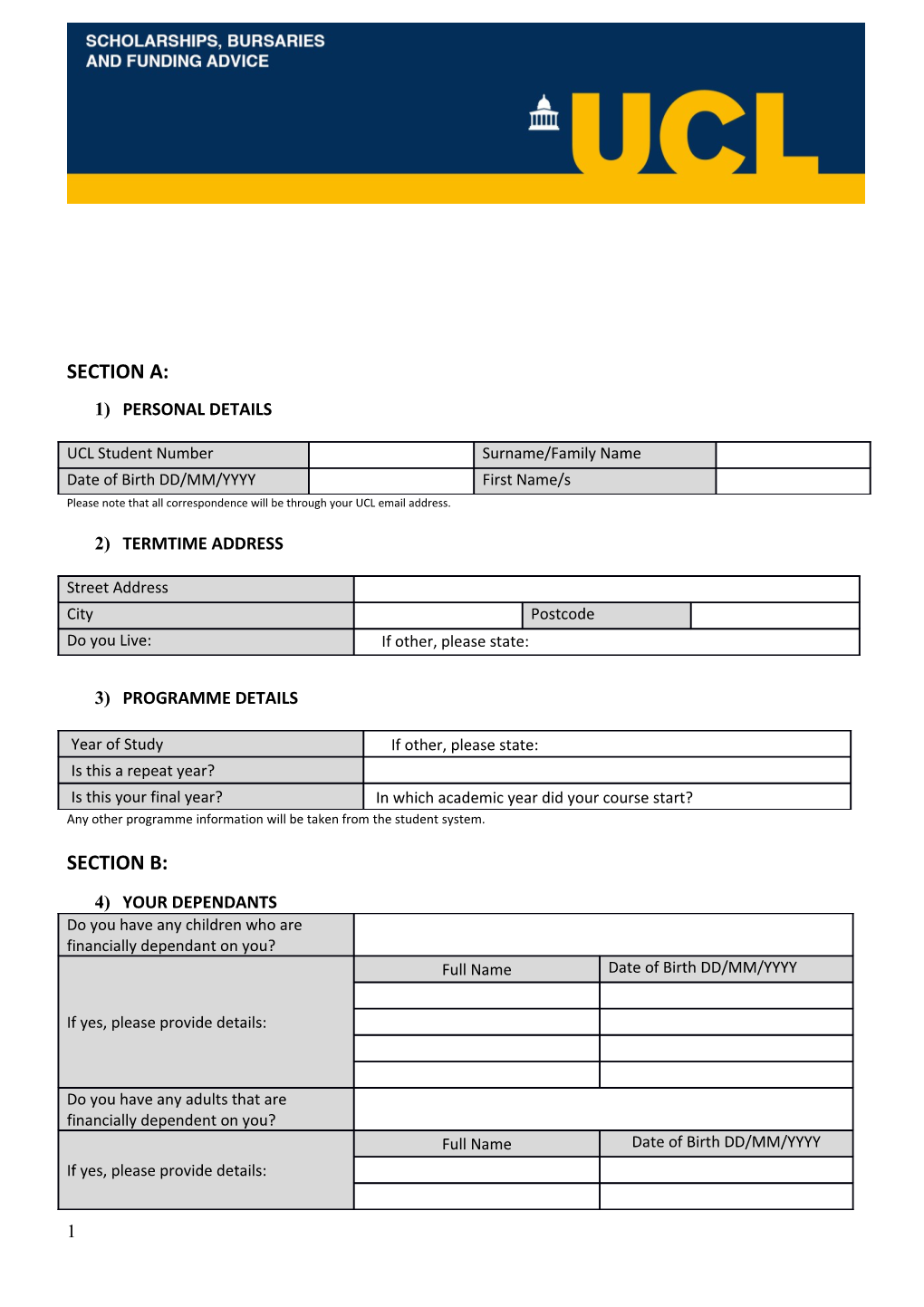 Application for Funding for Study at Ucl