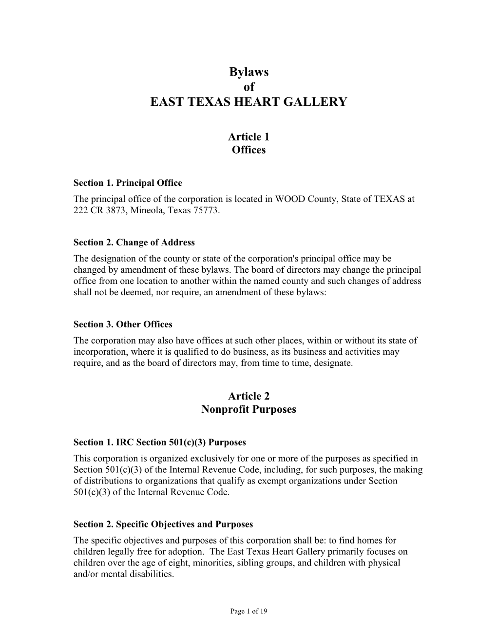 Bylaws of EAST TEXAS HEART GALLERY
