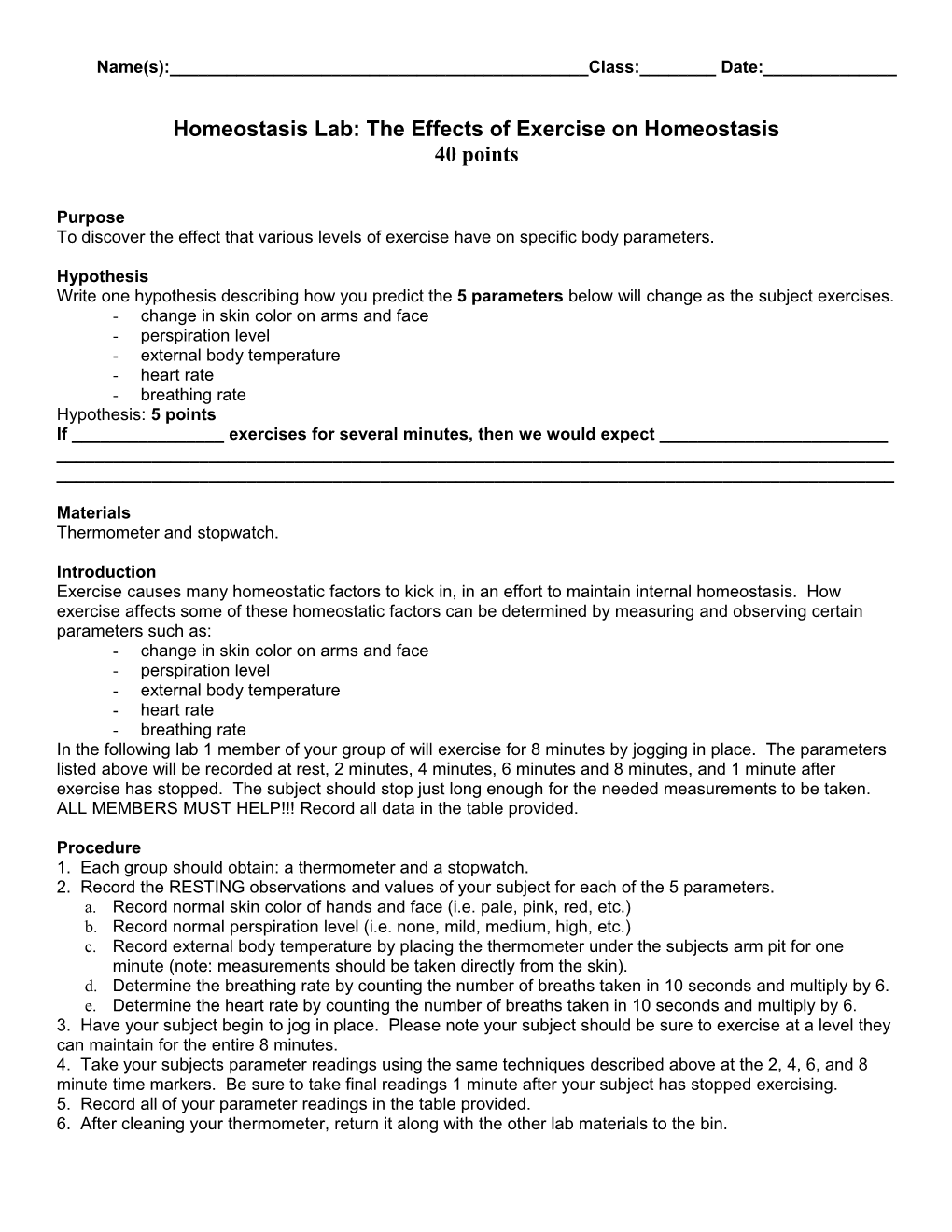 Homeostasis Lab: the Effects of Exercise on Homeostasis