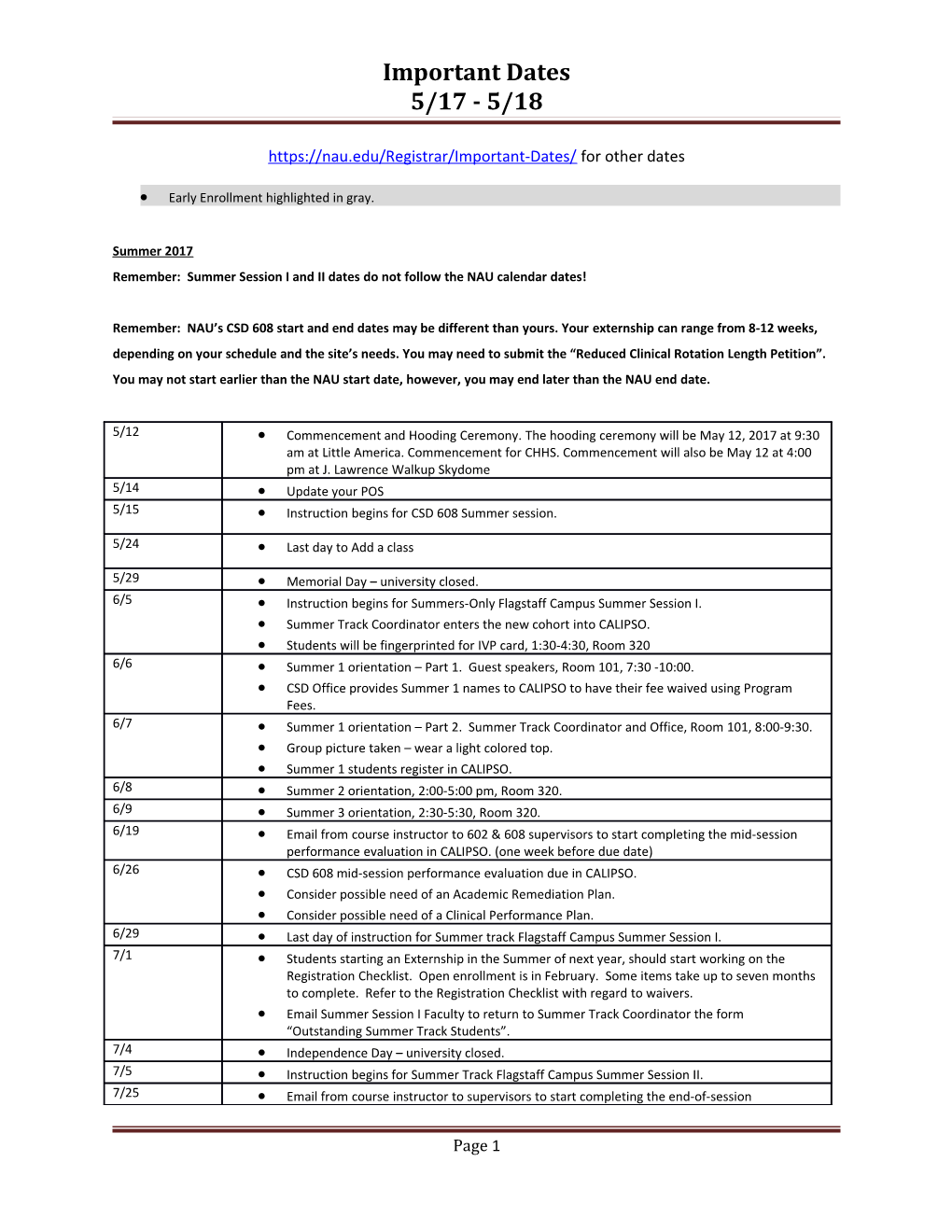 Remember: Summer Session I and II Dates Do Not Follow the NAU Calendar Dates!