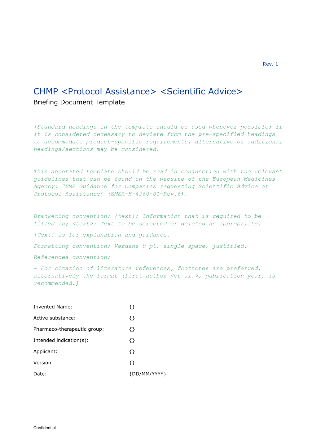 CHMP Protocol Assistance Scientific Advice Briefing Document Template