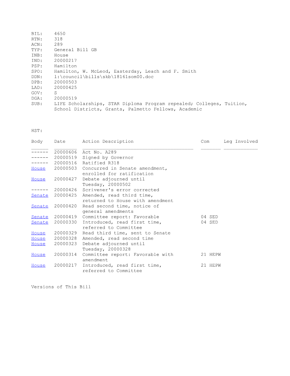 1999-2000 Bill 4650: LIFE Scholarships, STAR Diploma Program Repealed; Colleges, Tuition