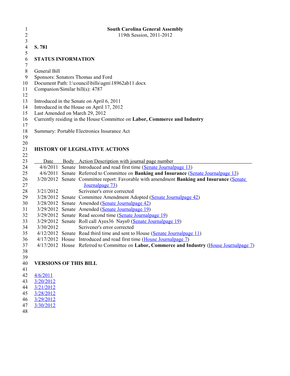 2011-2012 Bill 781: Portable Electronics Insurance Act - South Carolina Legislature Online