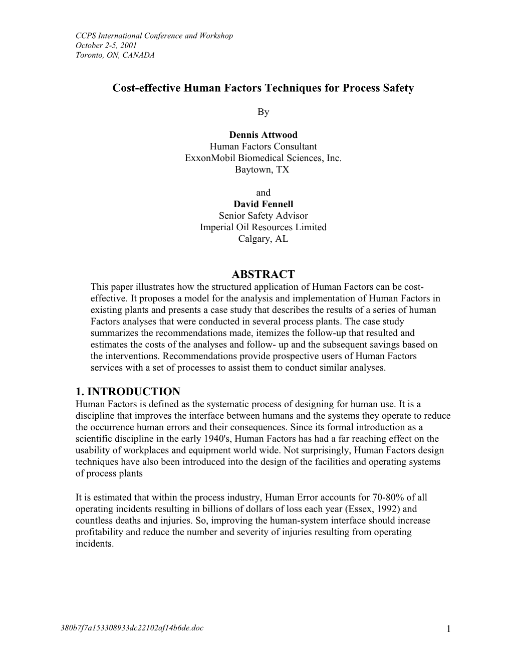 Cost-Effective Human Factors Techniques for Process Safety