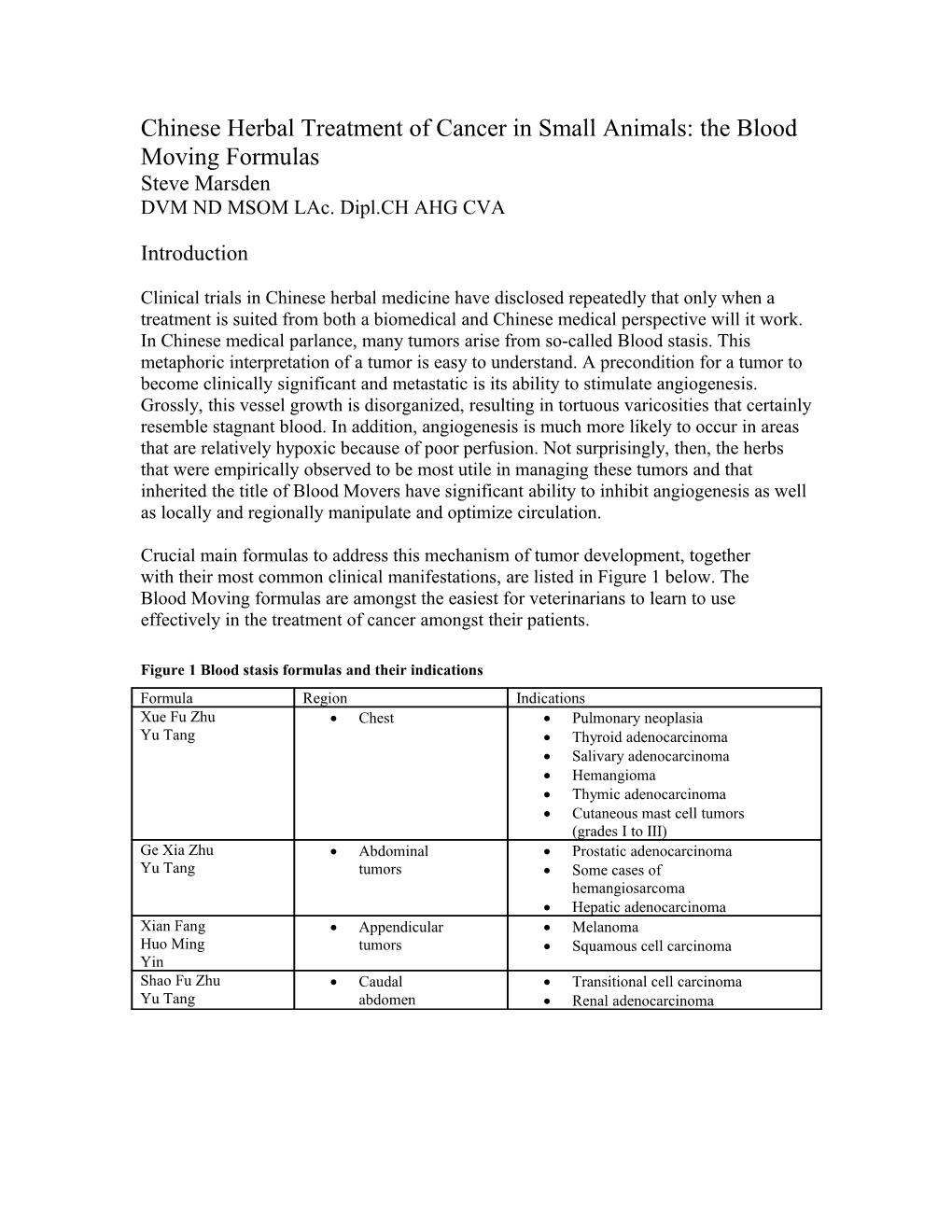 Chinese Herbal Treatment of Cancer in Small Animals: the Blood Moving Formulas