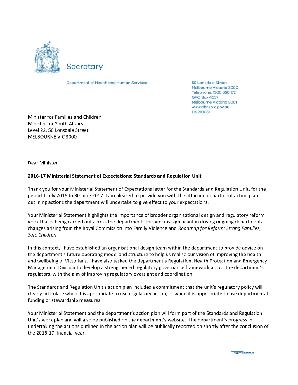 Response to Minister Mikakos from Secretary DHHS