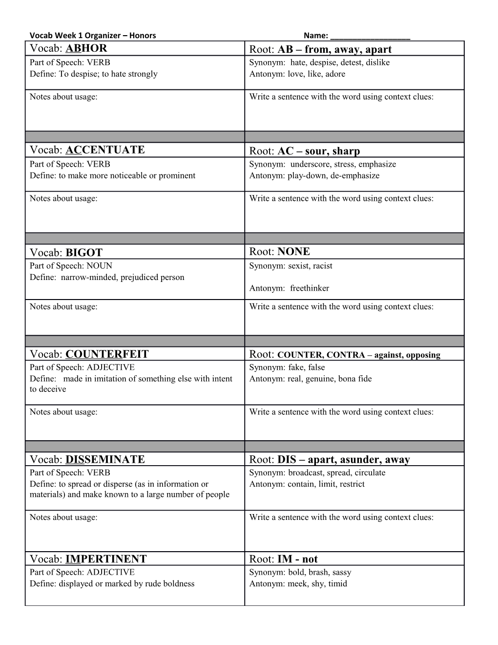 Vocab Week 1 Organizer Honorsname: ______