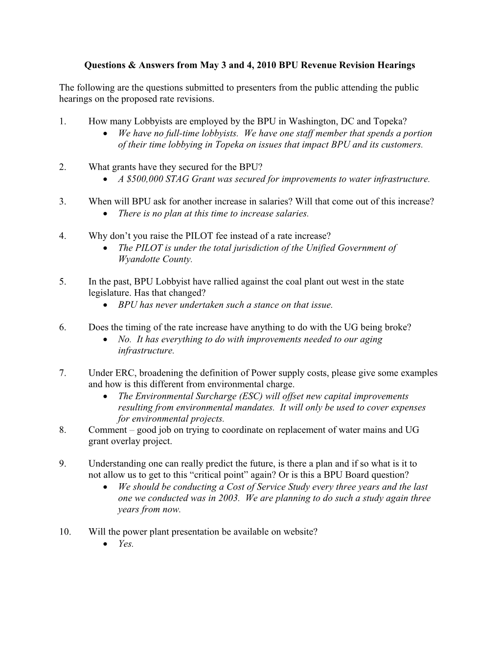 Questions & Answers from May 3 and 4, 2010 BPU Rate Hearings