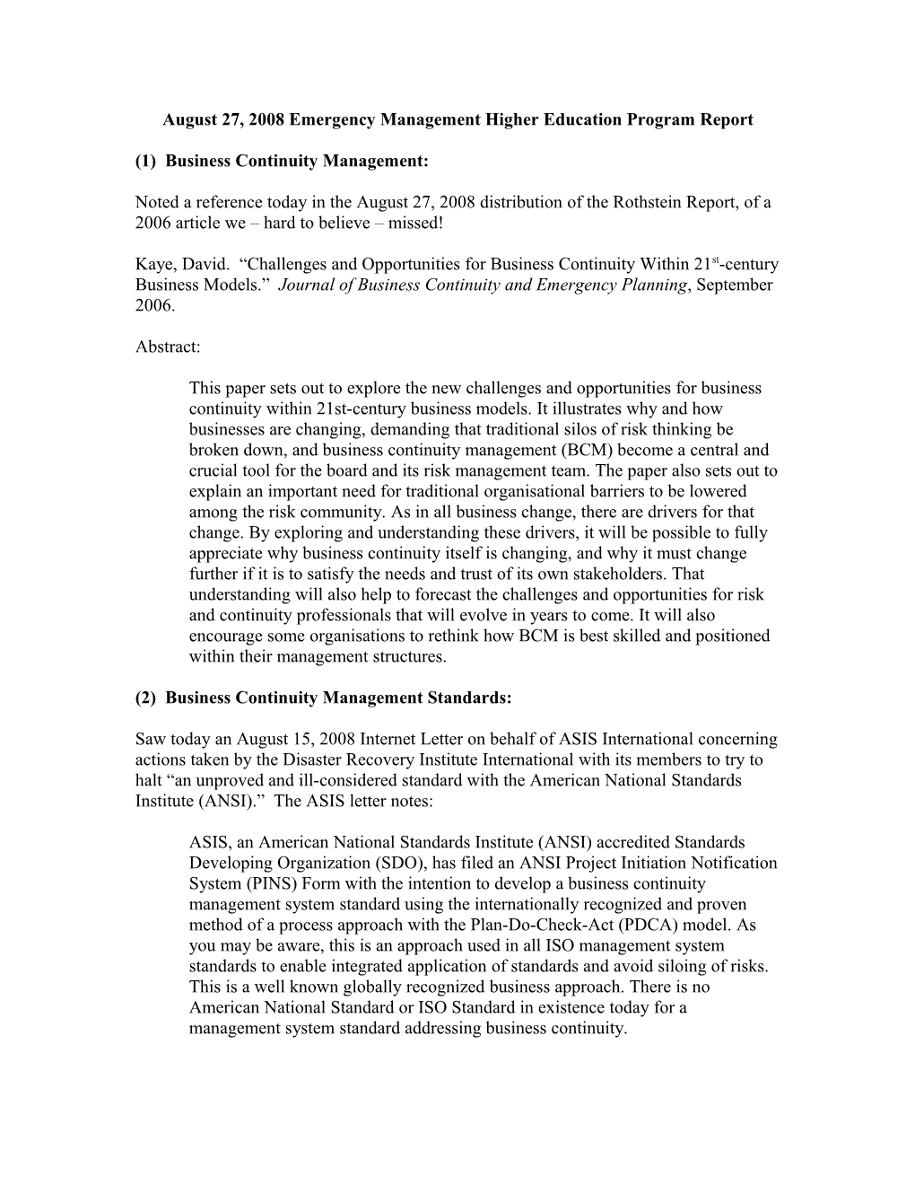 August 27, 2008 Emergency Management Higher Education Program Report
