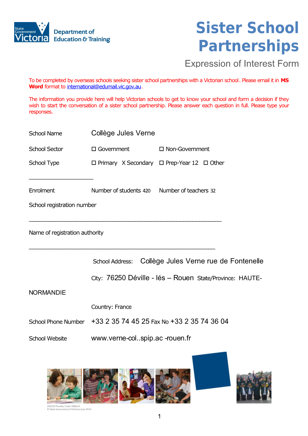 College Jules Verne Sister School Program Expression of Interest