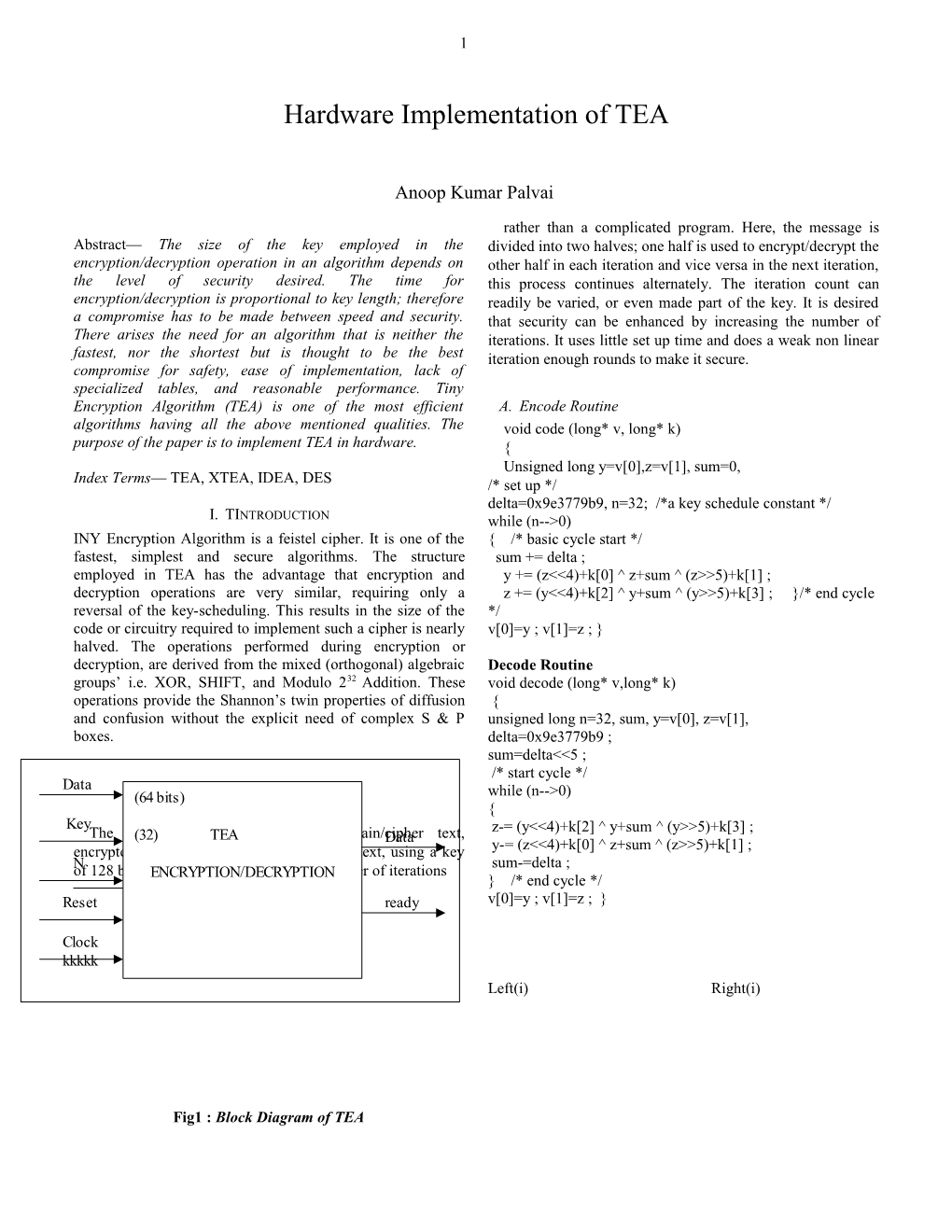 Hardware Implementation of TEA