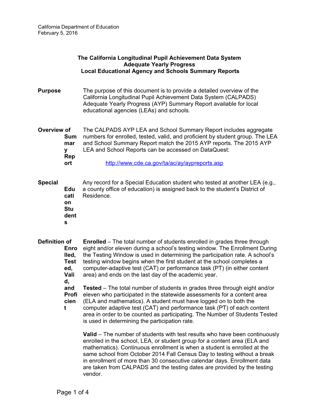 CALPADS AYP Leas and Schools Summary Report - AYP (CA Dept of Education)