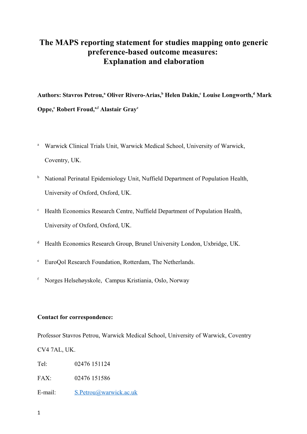 The MAPS Reporting Statement for Studies Mapping Ontogeneric Preference-Based Outcome