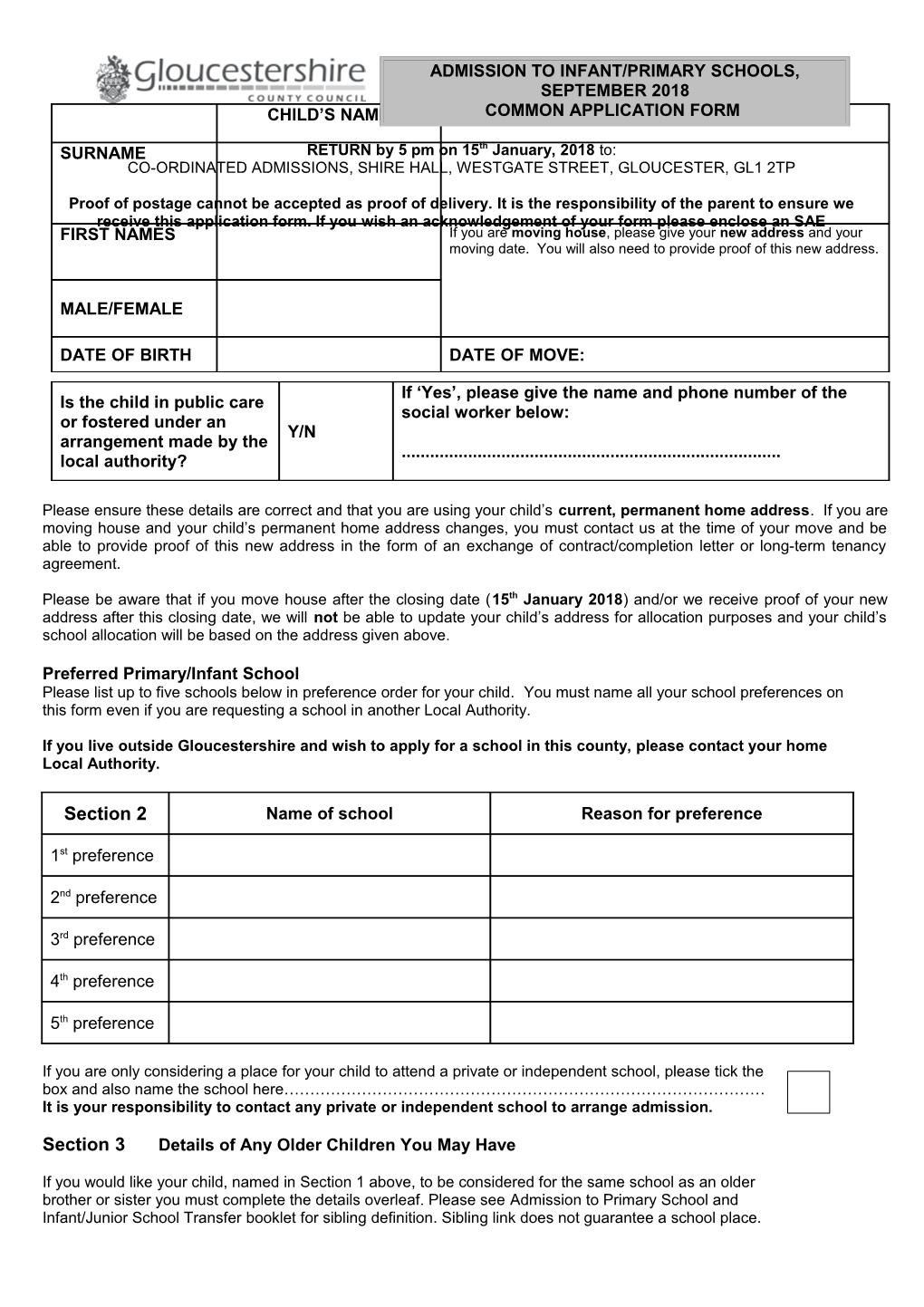 Admission to Infant/Primary Schools