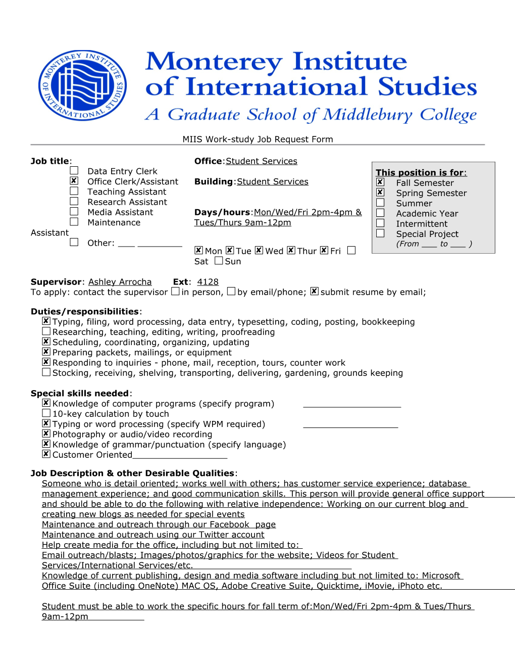 MIIS Work-Study Job Request Form