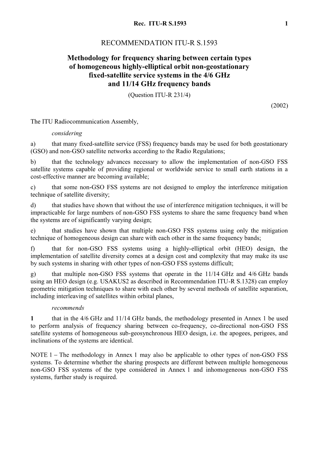 RECOMMENDATION ITU-R S.1593 - Methodology for Frequency Sharing Between Certain Types Of