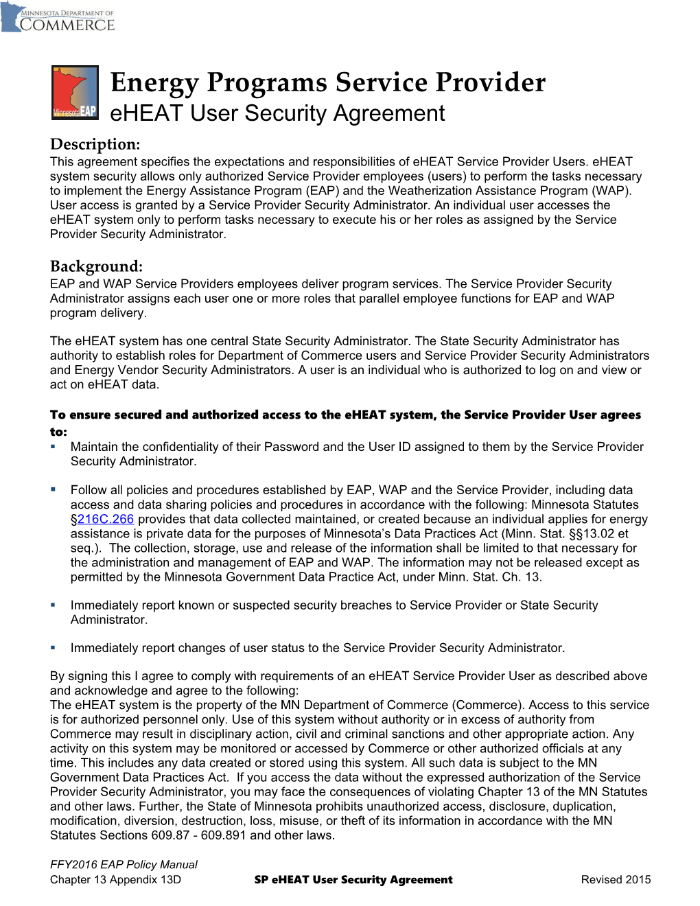 Energy Programs SP Eheat User Security Agreement