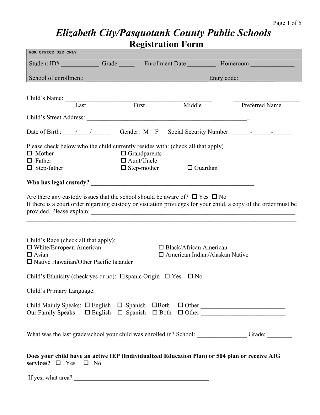 Pre-Kindergarten Student Information Sheet